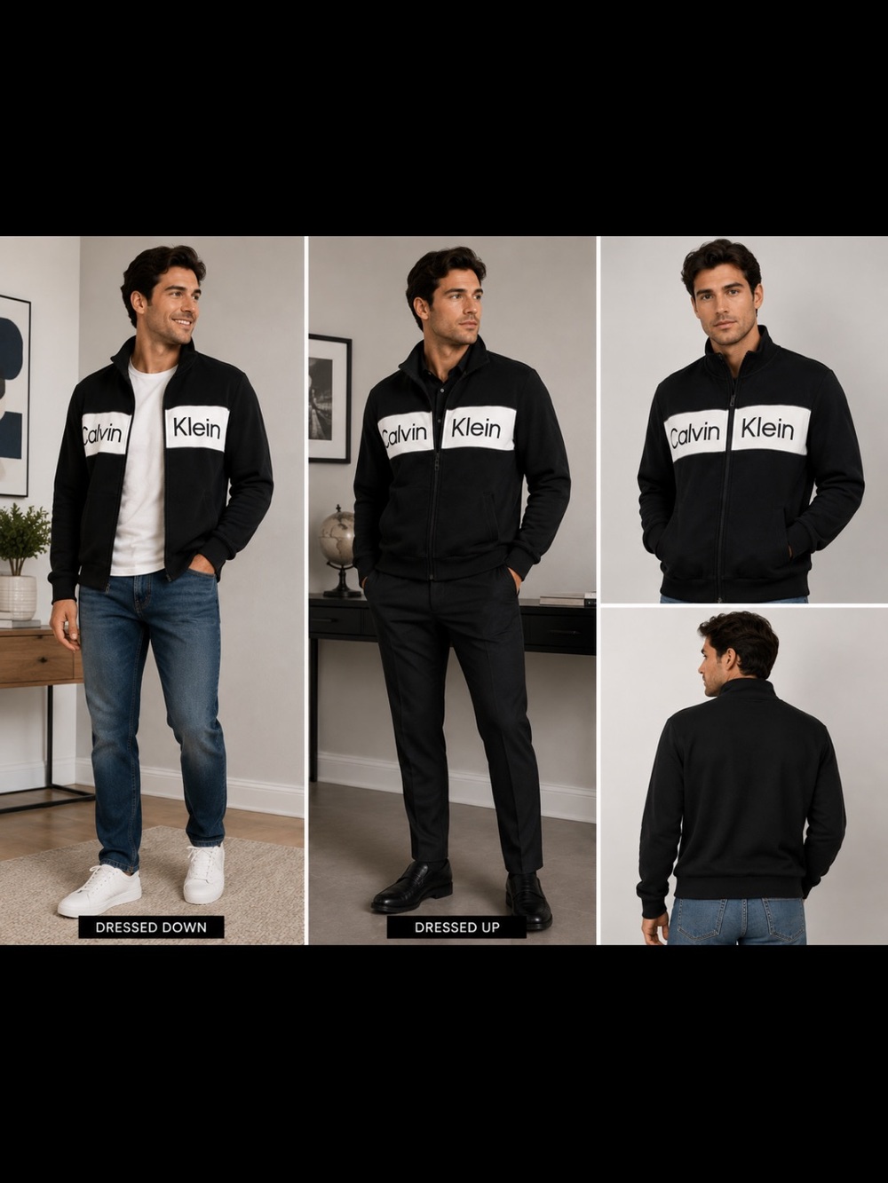Calvin Klein Black Zip-Up Sweater with White Logo Panel